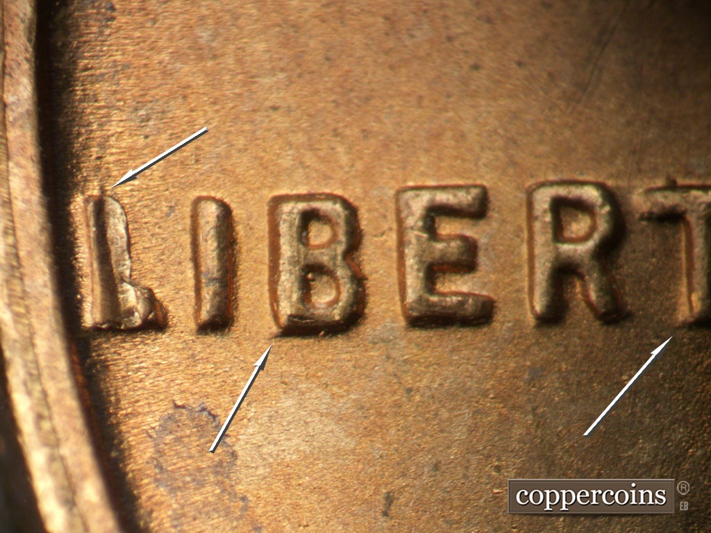 Die-stage B marker on 1954S•1DO•002 showing Light doubling seen on L B and T in LIBERTY.
