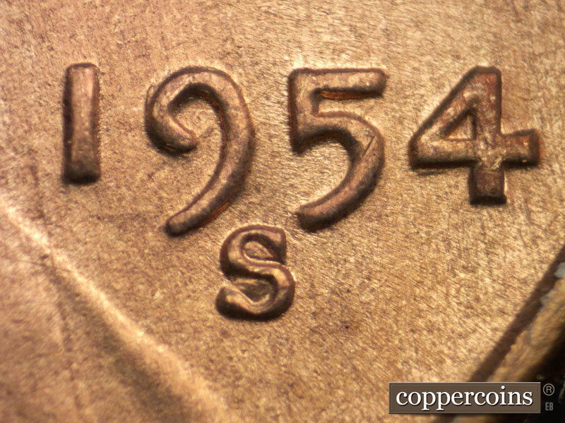 1954 Lincoln cent obverse, CopperCoins die 1954S•1DO•003.