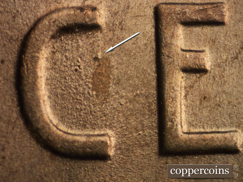 Die-stage B marker on 1954S•1DO•003 (1954 Doubled Die Obverse).