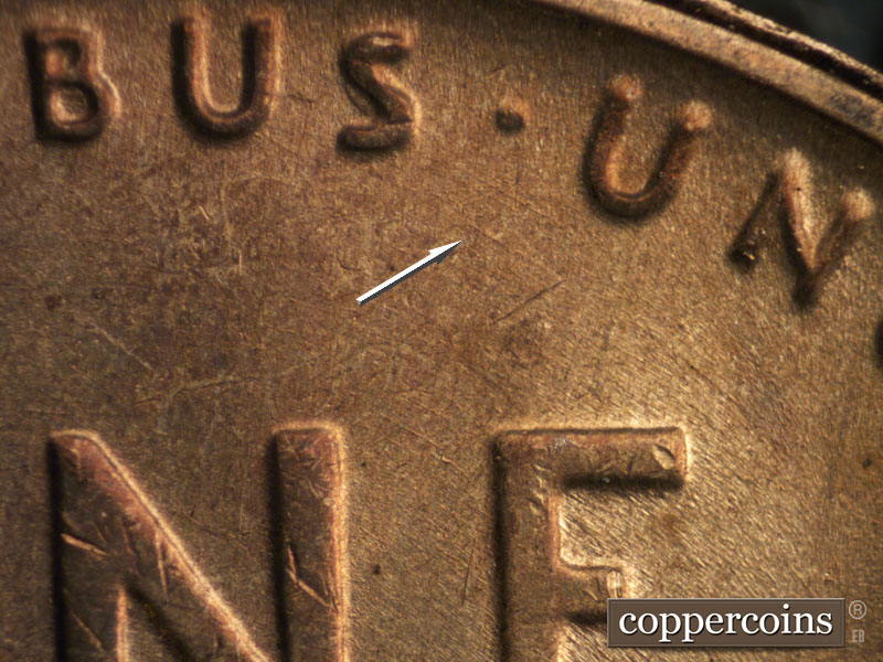 Die-stage B marker on 1954S•1DO•003 (1954 Doubled Die Obverse).