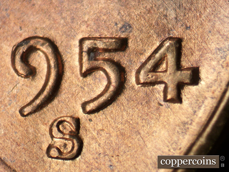 1954 Lincoln cent obverse, CopperCoins die 1954S•1DO•005.