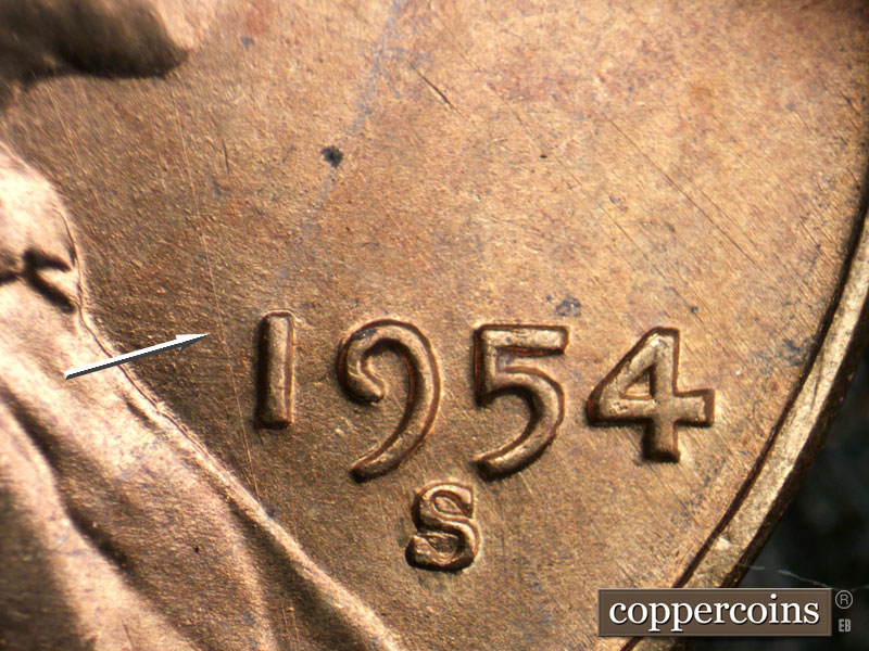 Die-stage B marker on 1954S•1DO•005 (1954 Doubled Die Obverse).