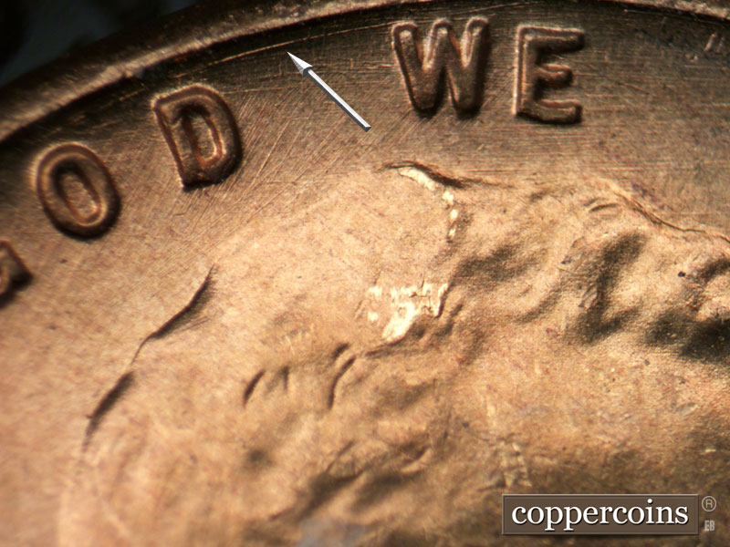 Die-stage B marker on 1954S•1DO•005 (1954 Doubled Die Obverse).