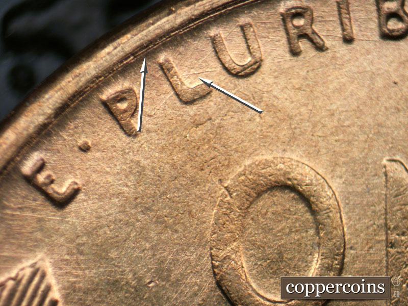 Die-stage B marker on 1954S•1DO•005 (1954 Doubled Die Obverse).