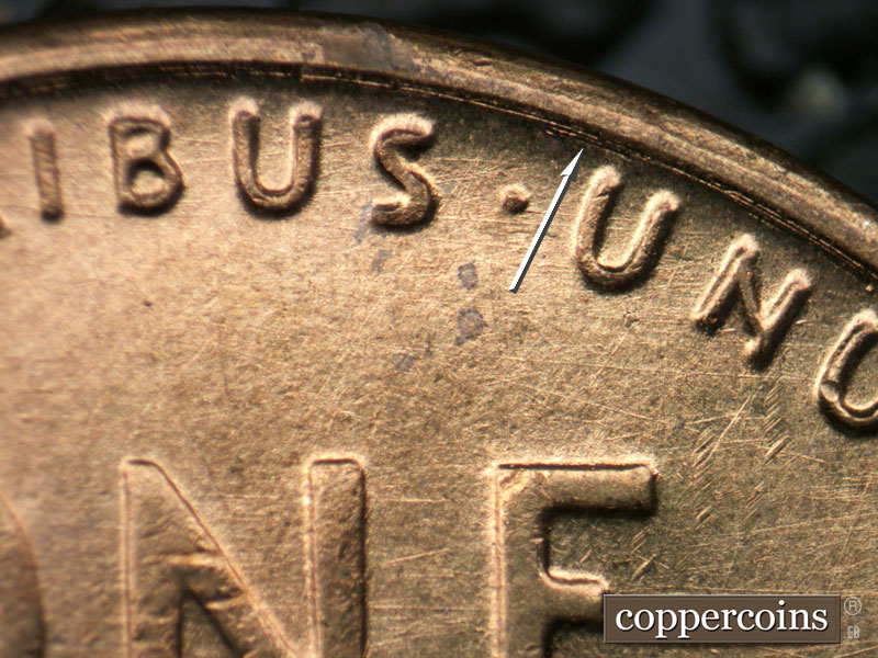 Die-stage B marker on 1954S•1DO•005 (1954 Doubled Die Obverse).