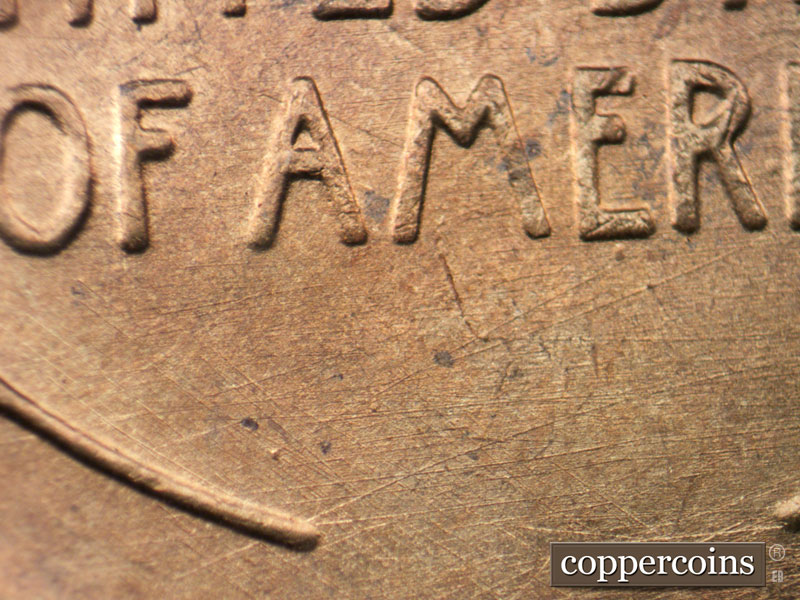 Die-stage B marker on 1954S•1DO•005 (1954 Doubled Die Obverse).