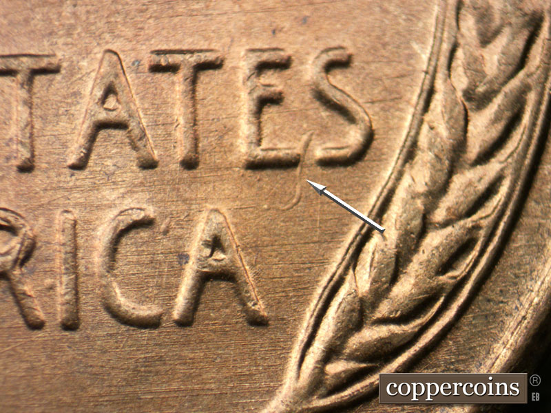 Die-stage B marker on 1954S•1DO•005 (1954 Doubled Die Obverse).