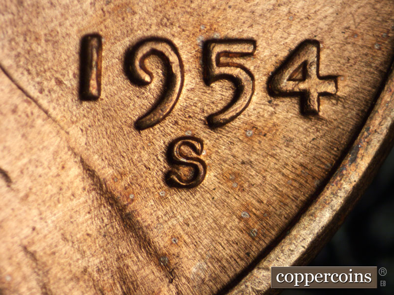 Die-stage B marker on 1954S•1MM•001 (1954 Repunched Mint Mark).