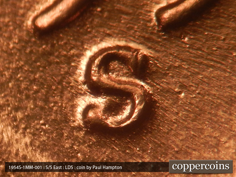Die-stage C marker on 1954S•1MM•001 (1954 Repunched Mint Mark).