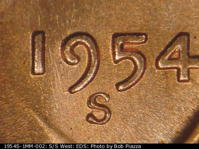 Die-stage A marker on 1954S•1MM•002 (1954 Repunched Mint Mark).