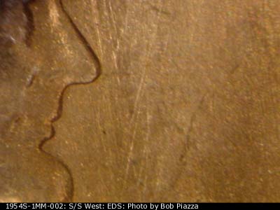 Die-stage A marker on 1954S•1MM•002 (1954 Repunched Mint Mark).