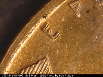 Die-stage A marker on 1954S•1MM•002 (1954 Repunched Mint Mark).