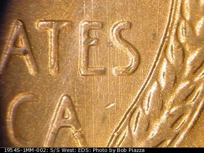 Die-stage A marker on 1954S•1MM•002 (1954 Repunched Mint Mark).