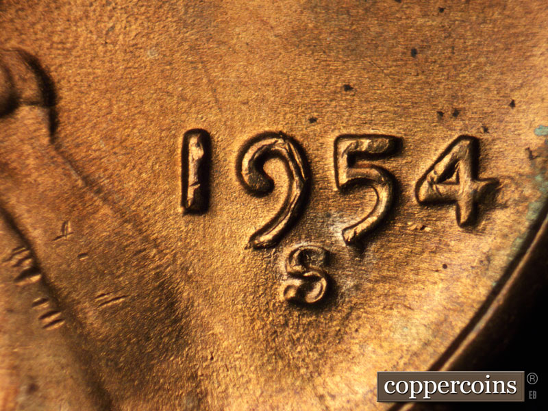 Die-stage C marker on 1954S•1MM•002 showing Large die chips and cracks show on the digits of the date.