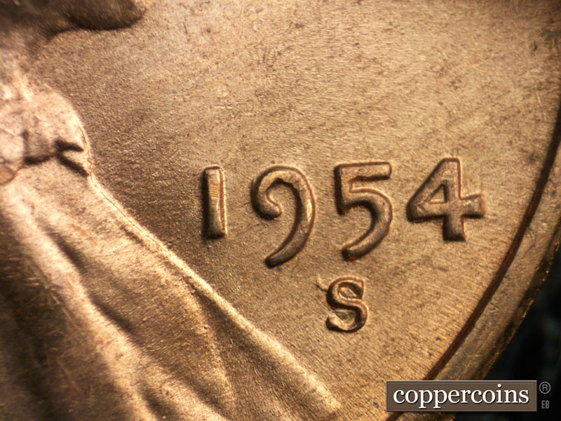 Die-stage B marker on 1954S•1MM•003 (1954 Repunched Mint Mark).