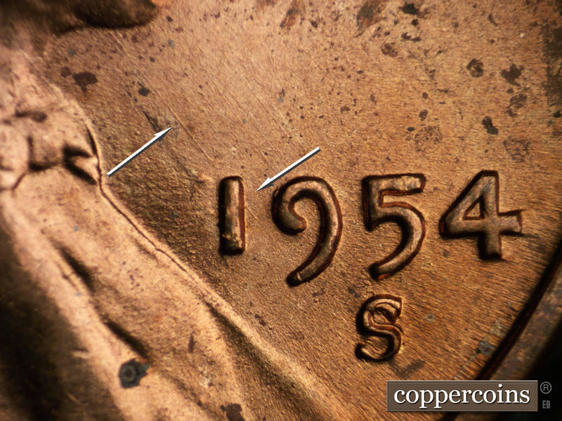 Die-stage B marker on 1954S•1MM•004 (1954 Repunched Mint Mark).