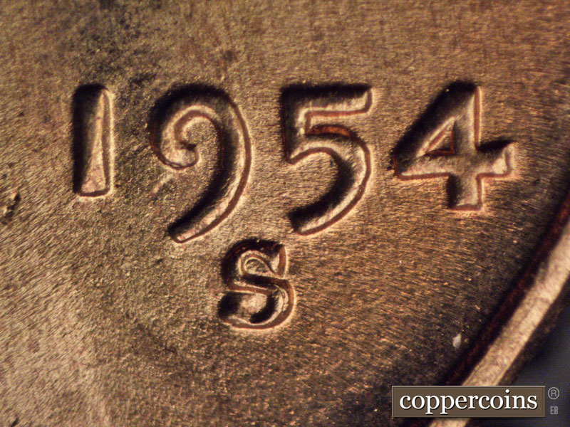 1954 Lincoln cent obverse, CopperCoins die 1954S•1MM•005.