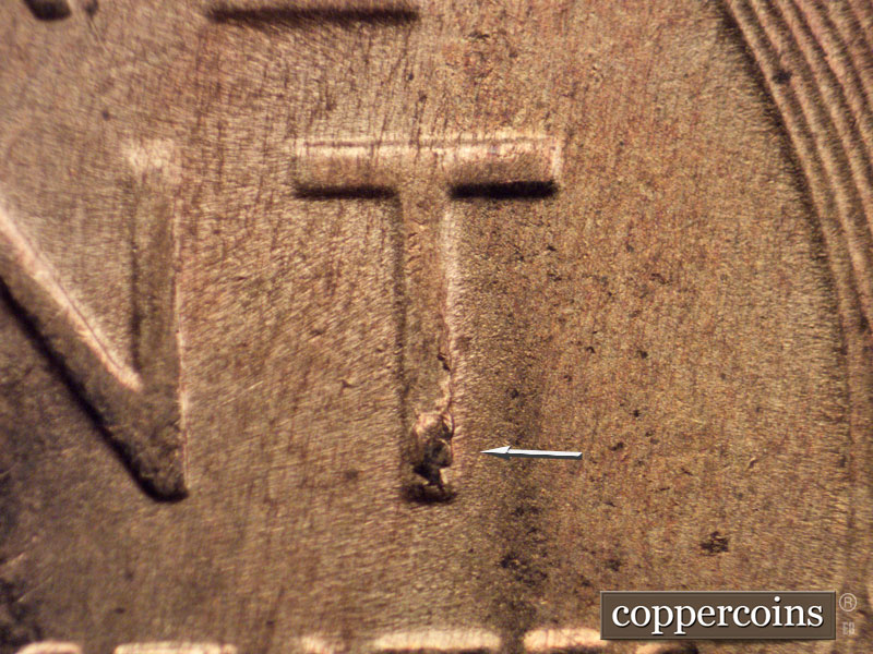Die-stage B marker on 1954S•1MM•005 (1954 Repunched Mint Mark).