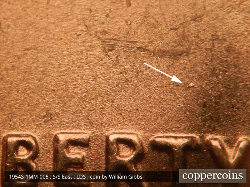 Die-stage C marker on 1954S•1MM•005 (1954 Repunched Mint Mark).