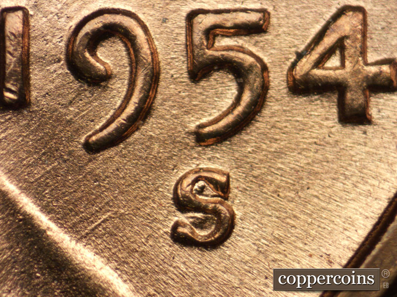 1954 Lincoln cent obverse, CopperCoins die 1954S•1MM•006.