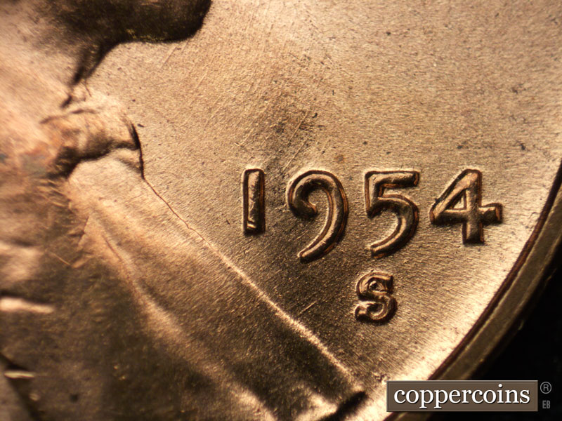 Die-stage B marker on 1954S•1MM•006 (1954 Repunched Mint Mark).