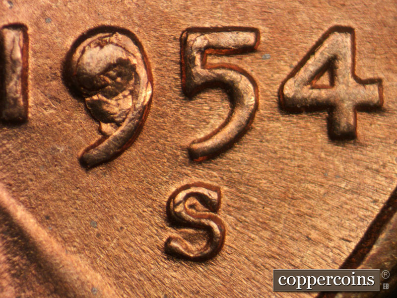 Die-stage C marker on 1954S•1MM•006 (1954 Repunched Mint Mark).