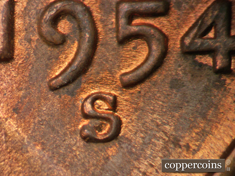 1954 Lincoln cent obverse, CopperCoins die 1954S•1MM•007 — Closeup of repunched mint mark.