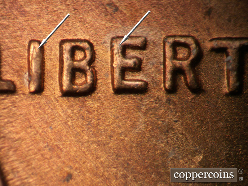 Die-stage B marker on 1954S•1MM•007 showing A light die crack shows on the left side of the E of LIBERTY.