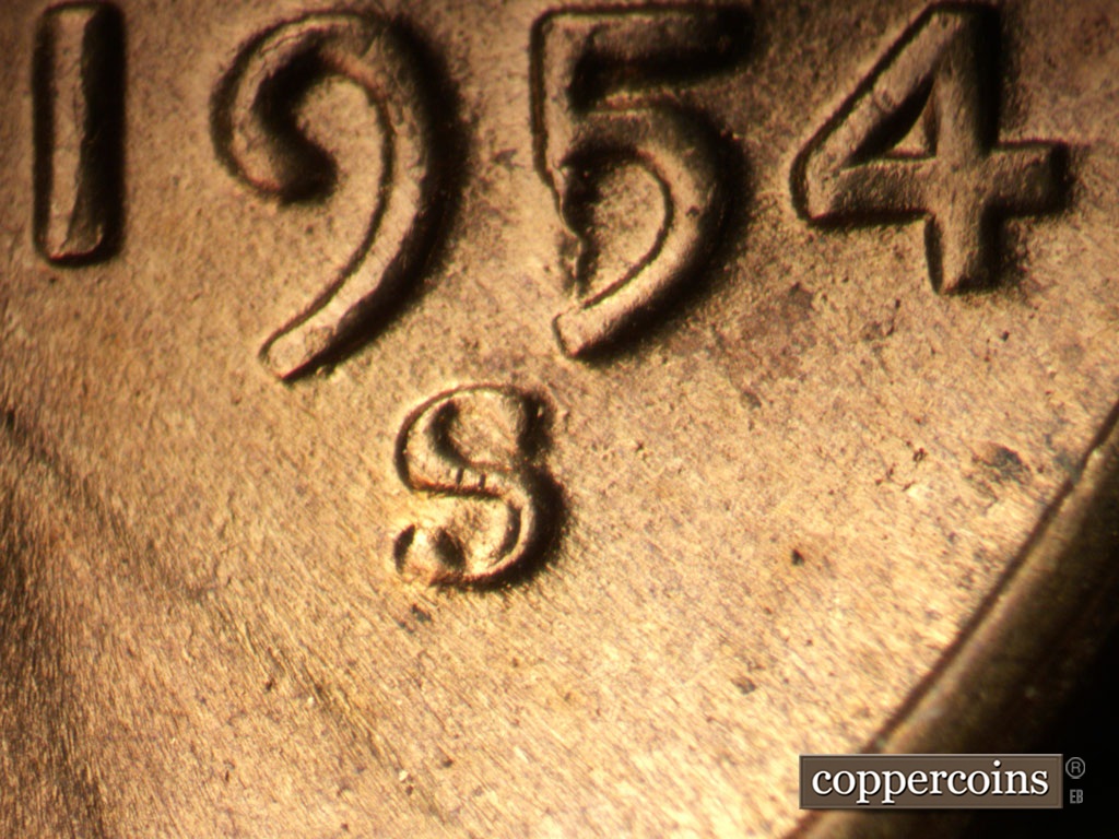 Die-stage D marker on 1954S•1MM•007 showing Closeup of repunched mint mark.