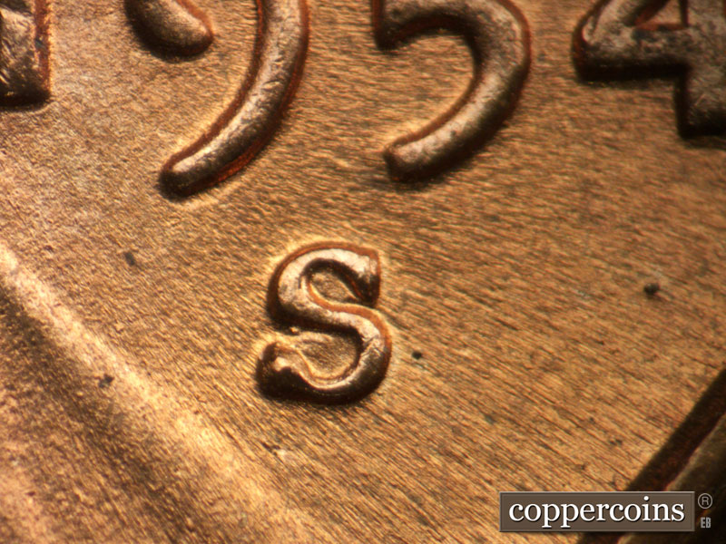 1954 Lincoln cent obverse, CopperCoins die 1954S•1MM•008.