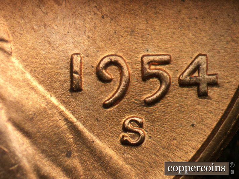 Die-stage B marker on 1954S•1MM•008 (1954 Repunched Mint Mark).