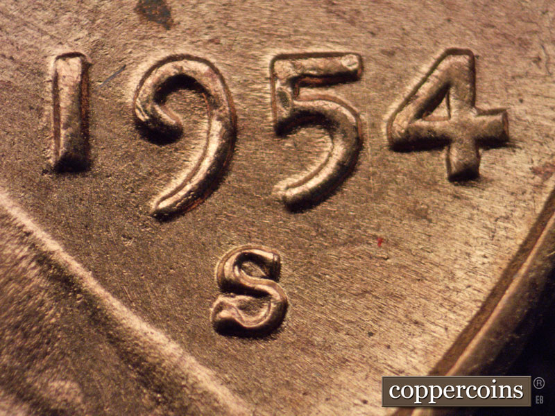 Die-stage C marker on 1954S•1MM•008 (1954 Repunched Mint Mark).