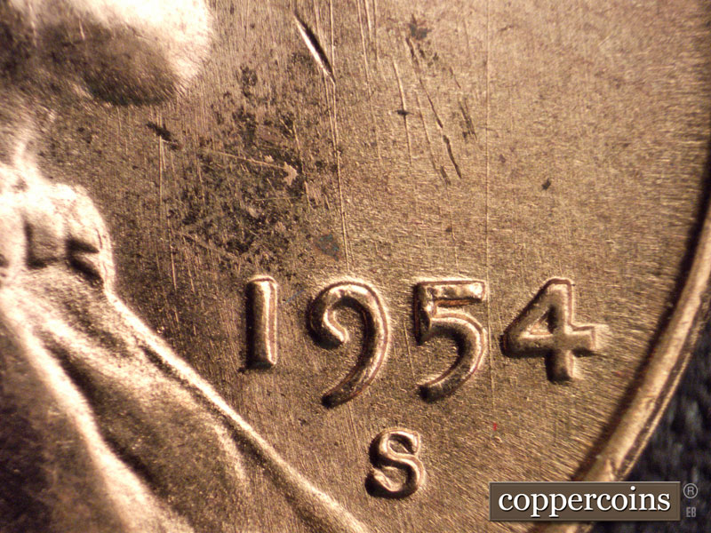 Die-stage C marker on 1954S•1MM•008 (1954 Repunched Mint Mark).