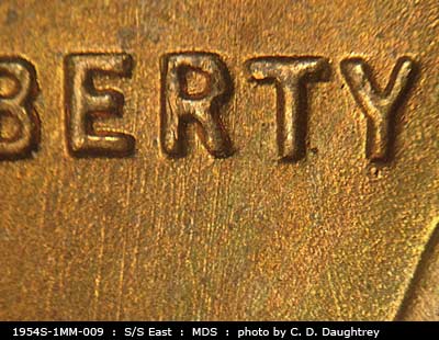 Die-stage B marker on 1954S•1MM•009 (1954 Repunched Mint Mark).