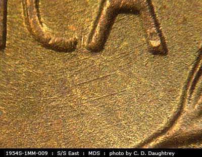 Die-stage B marker on 1954S•1MM•009 (1954 Repunched Mint Mark).