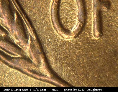Die-stage B marker on 1954S•1MM•009 (1954 Repunched Mint Mark).