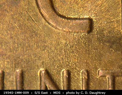 Die-stage B marker on 1954S•1MM•009 (1954 Repunched Mint Mark).