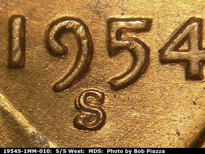 1954 Lincoln cent obverse, CopperCoins die 1954S•1MM•010.