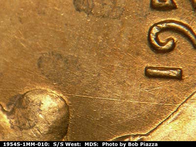 Die-stage B marker on 1954S•1MM•010 (1954 Repunched Mint Mark).