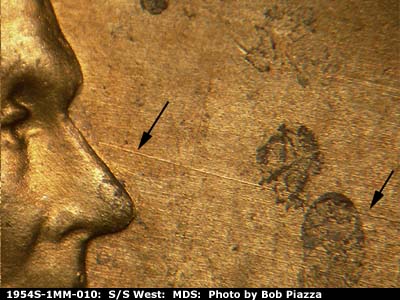 Die-stage B marker on 1954S•1MM•010 (1954 Repunched Mint Mark).