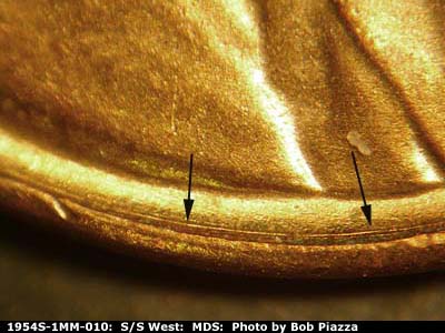 Die-stage B marker on 1954S•1MM•010 (1954 Repunched Mint Mark).