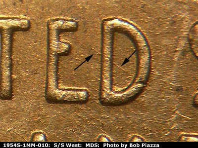 Die-stage B marker on 1954S•1MM•010 (1954 Repunched Mint Mark).