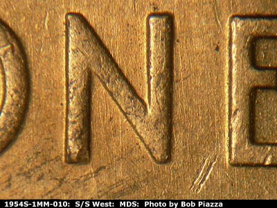 Die-stage B marker on 1954S•1MM•010 (1954 Repunched Mint Mark).