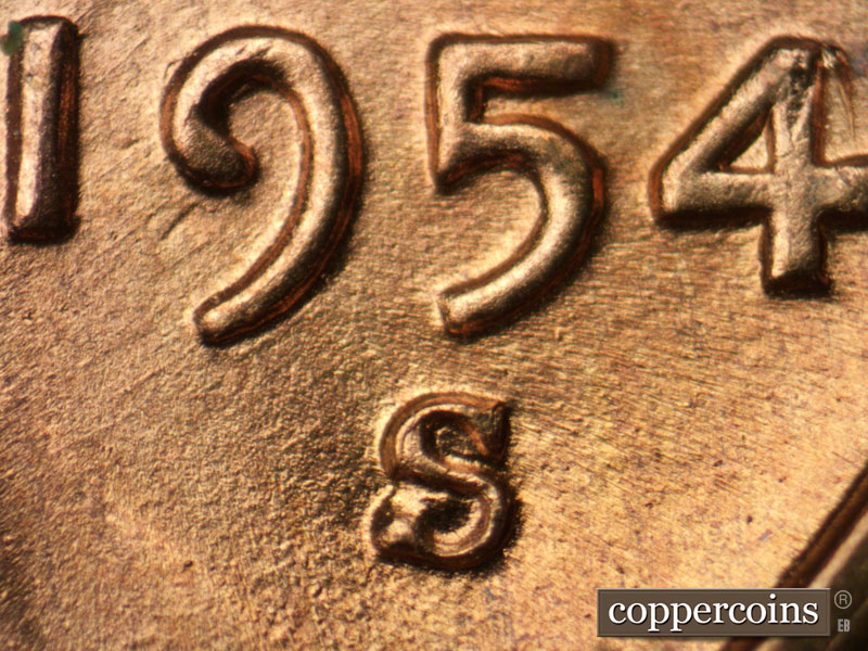 Die-stage A marker on 1954S•1MM•011 (1954 Repunched Mint Mark).