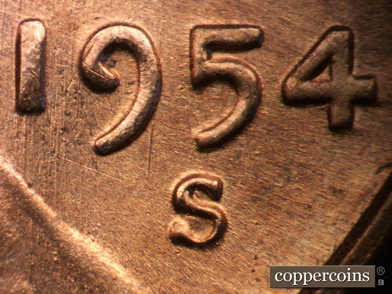 1954 Lincoln cent obverse, CopperCoins die 1954S•1MM•011.