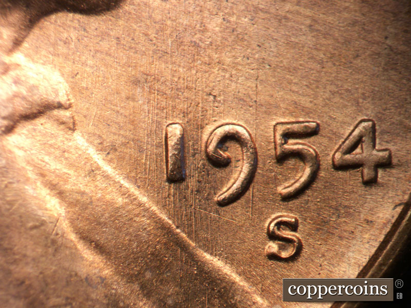 Die-stage B marker on 1954S•1MM•011 (1954 Repunched Mint Mark).