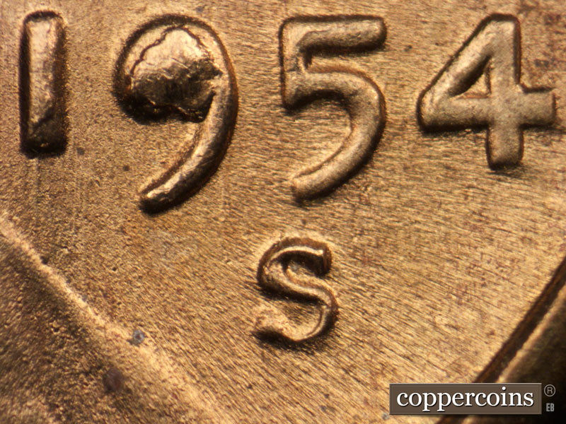 Die-stage C marker on 1954S•1MM•011 (1954 Repunched Mint Mark).