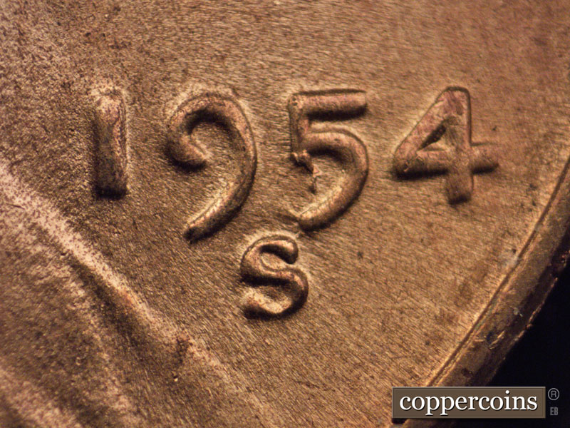 1954 Lincoln cent obverse, CopperCoins die 1954S•1MM•017.
