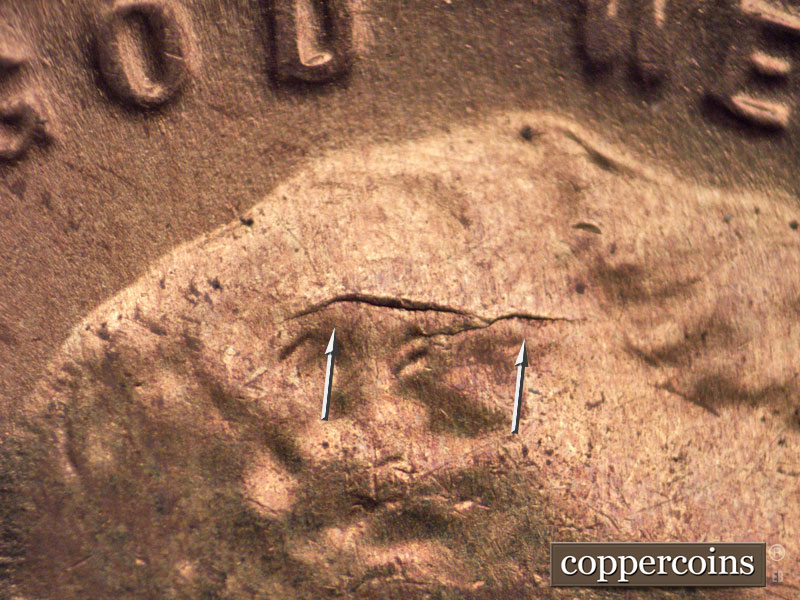 Die-stage B marker on 1954S•1MM•017 (1954 Repunched Mint Mark).