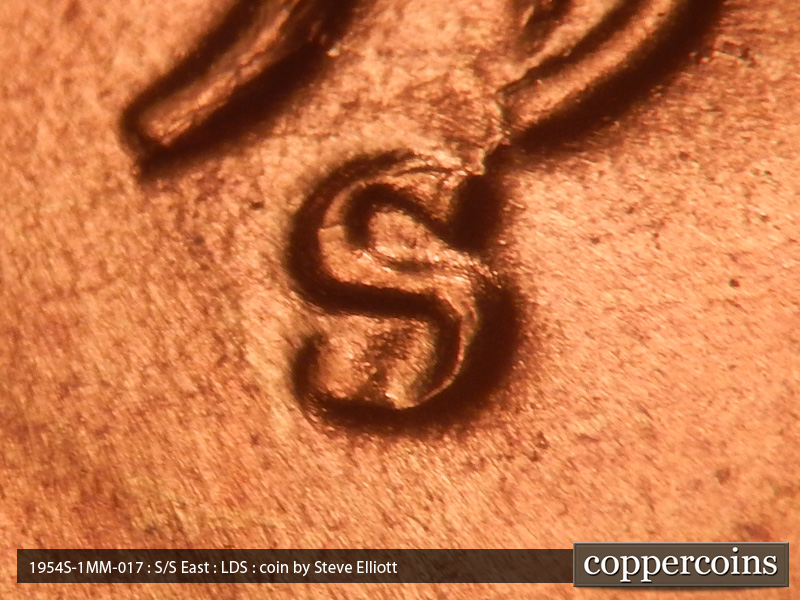 Die-stage C marker on 1954S•1MM•017 (1954 Repunched Mint Mark).